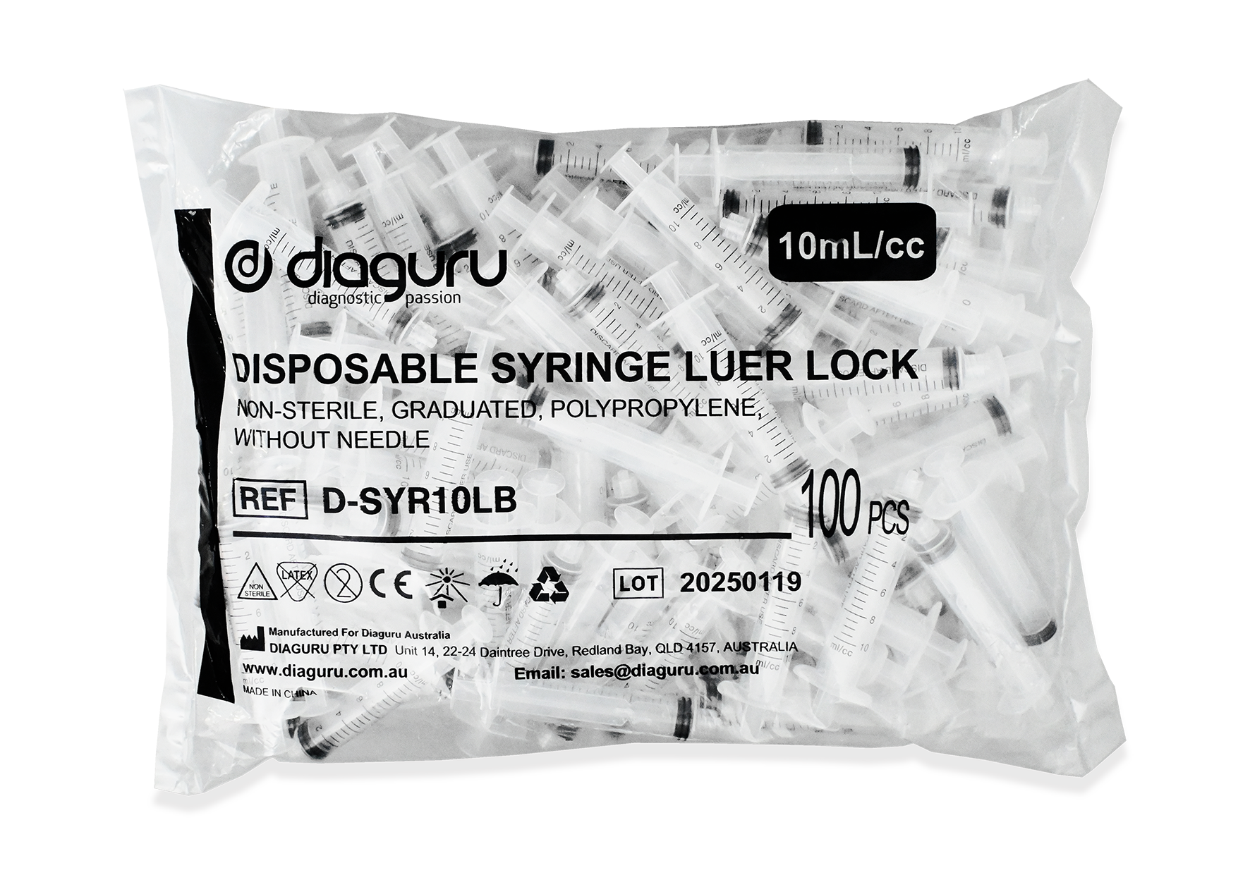 Diaguru Syringe 10ml Luer Lock in Bulk Pack 500's